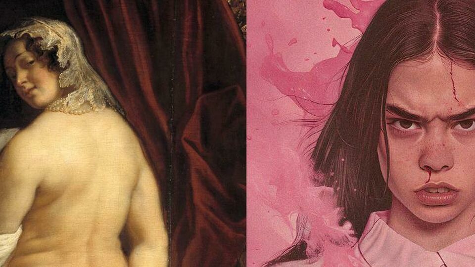 Uppdelad bild med avklädd kvinna i oljemålning snett bakifrån till vänster och bild på flicka med mörkt hår till höger