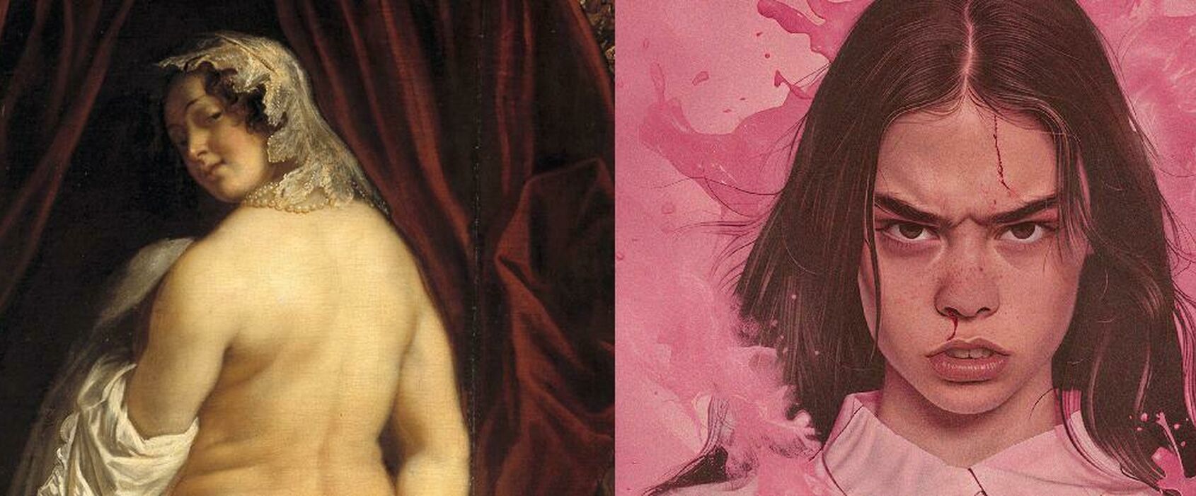 Uppdelad bild med avklädd kvinna i oljemålning snett bakifrån till vänster och bild på flicka med mörkt hår till höger